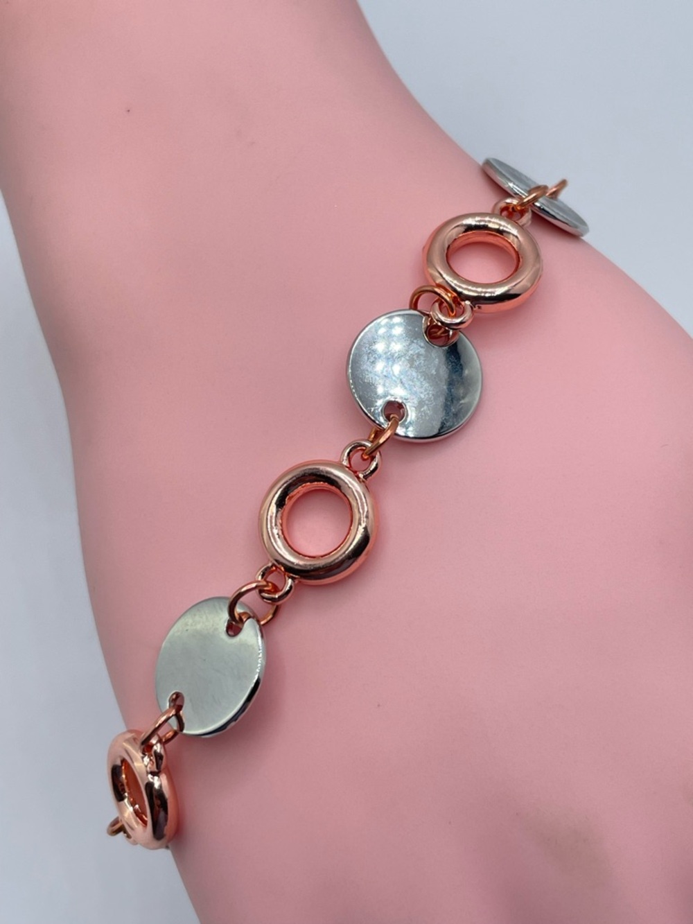 Silver & Rose Gold Tone Disc Circle Link Bracelet Modern